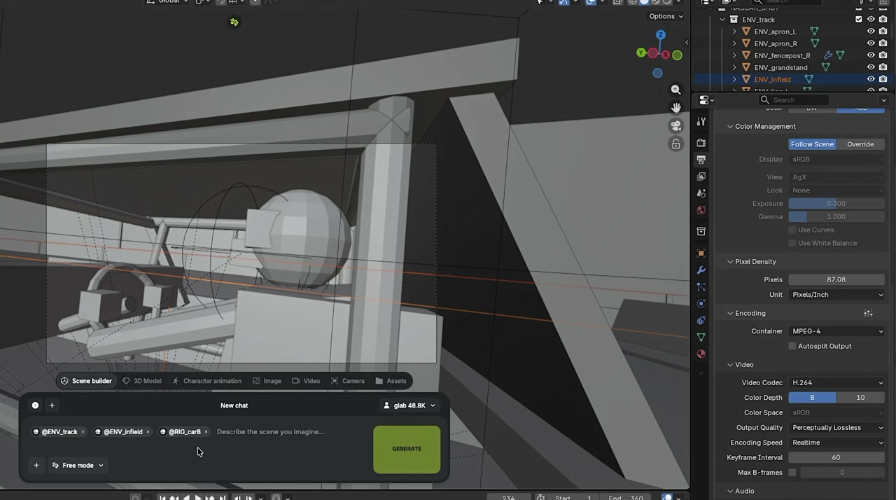 Finestra del plugin Higgsfield dentro Blender con la scheda Scene Builder