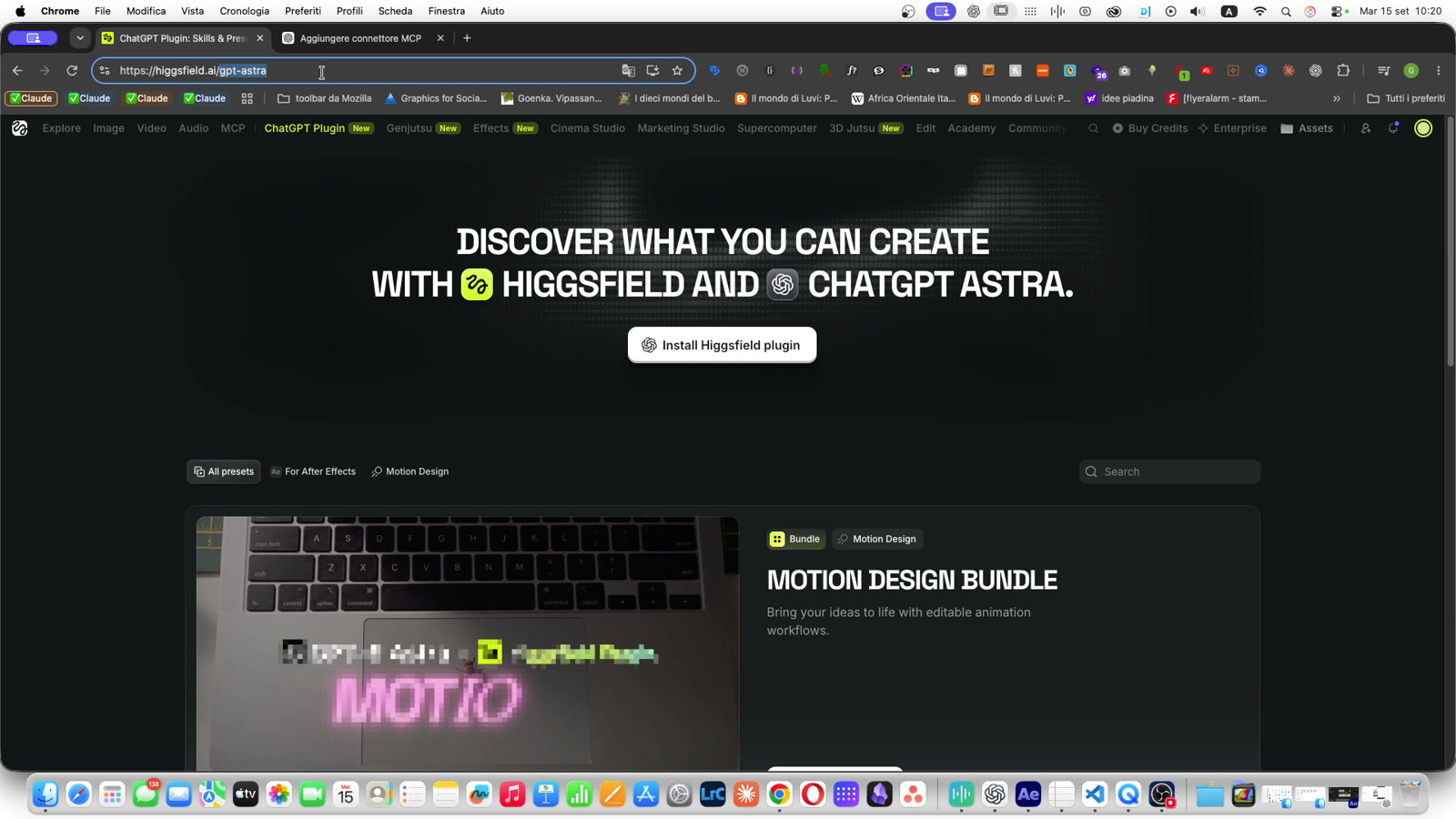 Pagina del plugin Higgsfield per ChatGPT e GPT-6 Astra, da installare prima di usare After Effects con ChatGPT