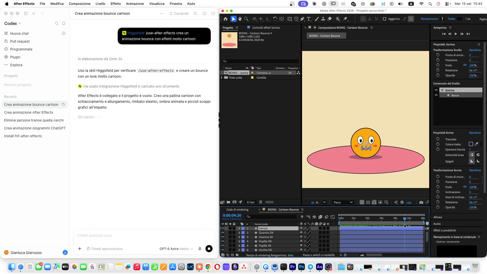 After Effects con ChatGPT: in Codex il comando use-after-effects, in After Effects l'animazione bounce già costruita con la timeline