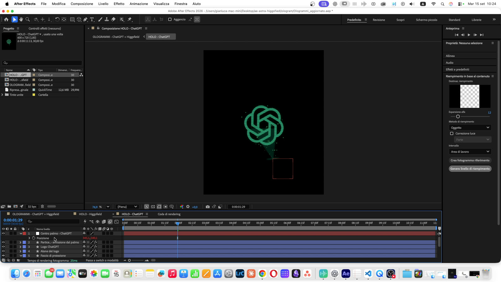 Composizioni degli ologrammi aperte in After Effects: particelle, orbita e anello interno su livelli separati