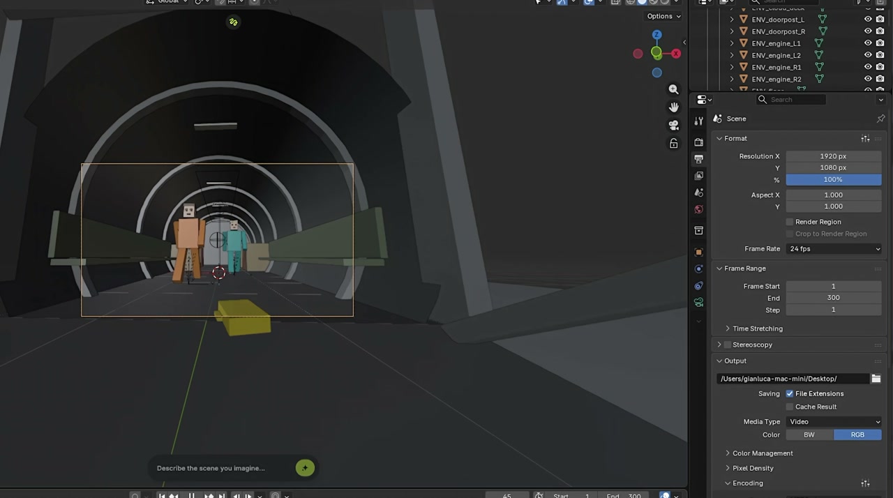 Scena dell'aereo cargo costruita da Claude in Blender come reference per Seedance 2.5: due personaggi, la valigetta e la camera