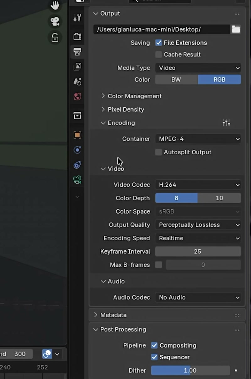 Impostazioni di output di Blender: 1920x1080, video, contenitore MP4, codec H.264