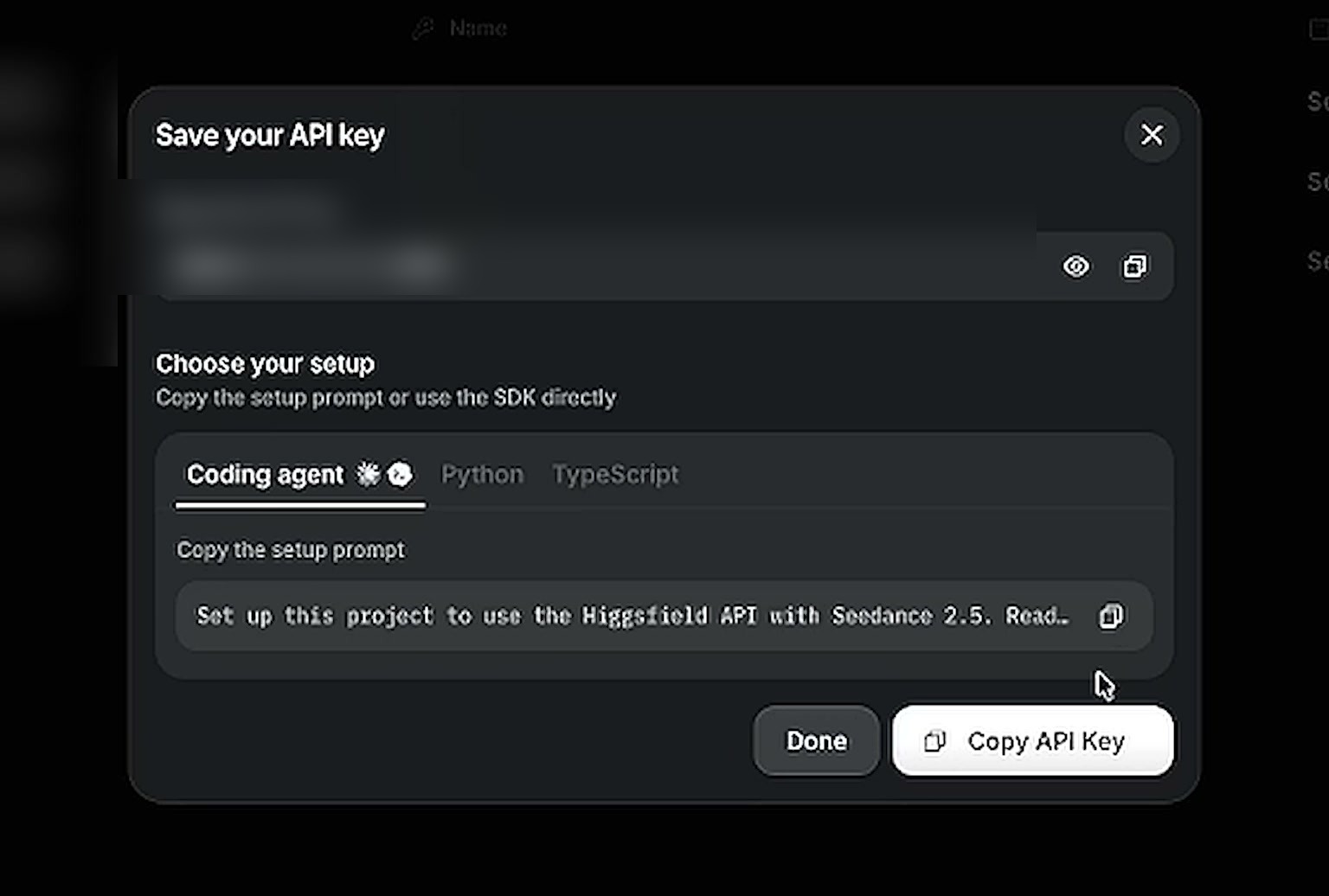 Finestra Save your API key di Higgsfield API: la chiave e il setup prompt per il coding agent