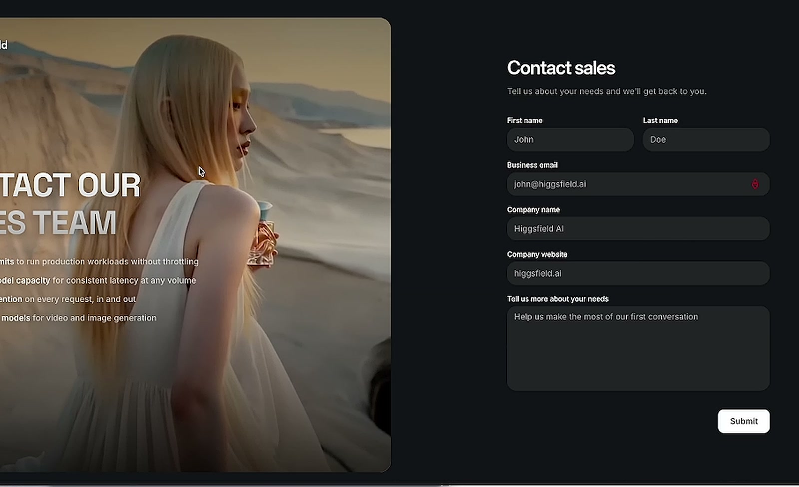 Modulo Contact sales di Higgsfield API per chiedere prezzi bloccati