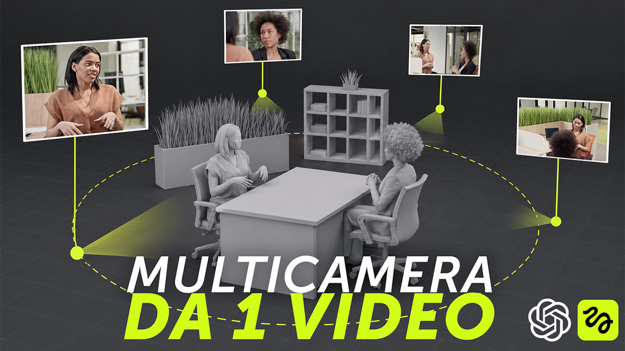 Video multicamera da un solo girato: quattro camere intorno a un'intervista generate con ChatGPT e Higgsfield